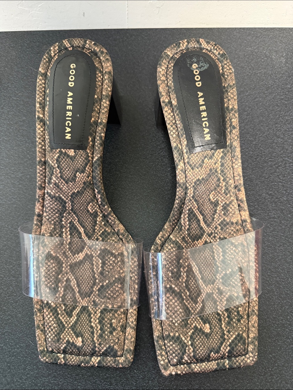 Good American Snake-Print Slide Sandals with Clear Strap